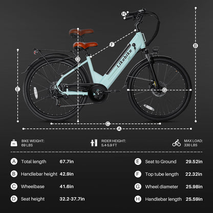 Likebike MY2 26" Step-Through Electric Bike for Adults,  UL 2849 Certified Commuter Ebike