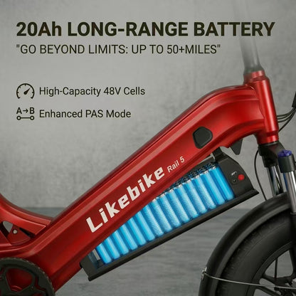 Likebike City Commuter Ebike - 2000W Peak, 50+ Miles Range, Full Suspension & Fat Tires Rail 5